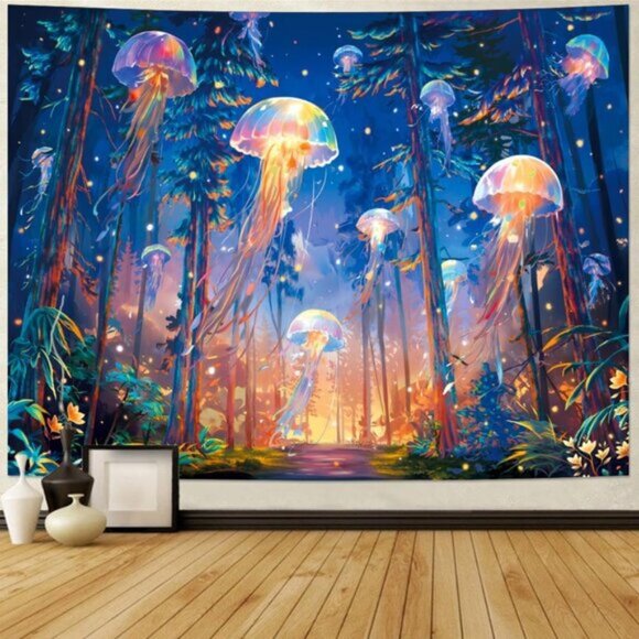 New UV Reactive Blacklight Forest Jellyfish Starry Sky Nature Tapestry, Wall Art